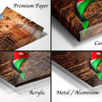 The image is a collage of four different views of a flag, including a close-up of the flag on a canvas wrap, a close-up of the flag on a metal or aluminum surface, and a close-up of the flag on a piece of paper.