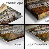 four different views of a stadium, each with a distinct perspective and angle. The text labels the images as "Premium Paper", "Canvas Wrap", "Acrylic", and "Metal/Aluminum".
