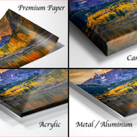 The image is a collage of four different views of a landscape, including a mountain range, trees, and a body of water. The images are labeled as "Premium Paper", "Canvas Wrap", "Acrylic", and "Metal/Aluminum".