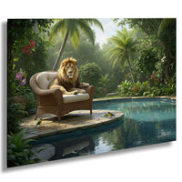 A majestic lion sits on a wicker chair in a lush, tropical garden, surrounded by vibrant flowers, palm trees, and a tranquil pool.