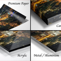 The image is a collage of four different views of a cityscape at night, each with a distinct finish: "Premium Paper", "Canvas Wrap", "Acrylic", and "Metal/Aluminum".
