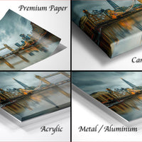 four different views of a printed artwork depicting a cityscape, with the artwork appearing in various materials such as acrylic, metal, and aluminum.