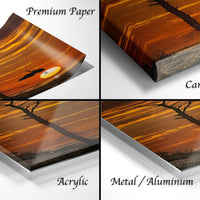 The image is a collage of four different views of a sunset landscape, each with a distinct finish: premium paper, canvas wrap, acrylic, and metal/aluminum.