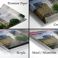 The image is a collage of four photos depicting a cityscape with a large building and a group of jets flying in formation. The collage is labeled as "Premium Paper", "Canvas Wrap", "Acrylic", and "Metal/Aluminum".