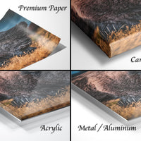 The image is a collage of four different views of a printed image, including a close-up of the printed image, a canvas wrap, an acrylic print, and a metal/aluminum print.