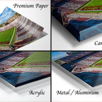 four different views of a football stadium, including a close-up of the field, a top-down view of the stadium, a side view of the stadium, and a bottom-up view of the stadium.