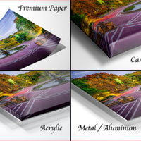 The image is a collage of four different views of a landscape, including a park, a road, a pond, and a forest. The collage is labeled as "Premium Paper", "Canvas Wrap", "Acrylic", and "Metal/Aluminum".