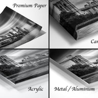 four different views of a black and white photograph of a city skyline, including a close-up of the bridge and surrounding buildings.