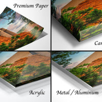 The image is a collage of four different views of a landscape, including a premium paper print, a canvas wrap, an acrylic print, and a metal/aluminum print.
