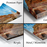 The image is a collage of four different images, each depicting a landscape with a castle or building. The images are labeled as "Premium Paper", "Canvas Wrap", "Acrylic", and "Metal/Aluminum".