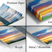 The image is a collage of four different views of a sunset over the Washington Monument, with each view represented as a separate image. The collage includes a close-up view of the monument, a canvas wrap, an acrylic print, and a metal/aluminum print.