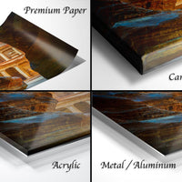 The image is a collage of four different views of a canyon landscape, each with a distinct texture and finish. The text labels the different materials used to create the artwork, including "Premium Paper", "Canvas Wrap", "Acrylic", and "Metal/Aluminum".