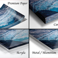 The image is a collage of four different images, each depicting a landscape with a mountain or hill. The images are labeled as "Premium Paper", "Canvas Wrap", "Acrylic", and "Metal/Aluminum".