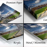 The image is a collage of four photos depicting the Eiffel Tower in Paris, France, with each photo labeled as either "Premium Paper", "Canvas Wrap", "Acrylic", or "Metal/Aluminum".