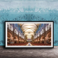 a grand cathedral with a high vaulted ceiling, ornate arches, and rows of pews leading to the altar.