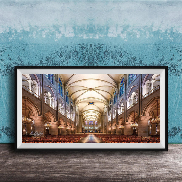 a grand cathedral with a high vaulted ceiling, ornate arches, and rows of pews leading to the altar.