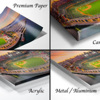 The image is a collage of four different views of a baseball stadium, showcasing the field, surrounding cityscape, and sunset.