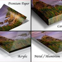 The image is a collage of four different views of a landscape photograph, including a premium paper print, a canvas wrap, an acrylic print, and a metal/aluminum print.