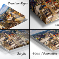 The image is a collage of four different types of printed materials, including a premium paper, a canvas wrap, an acrylic, and a metal/aluminum.