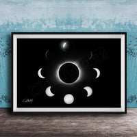 The image is a framed poster depicting the solar eclipse, showing the moon's phases around the sun.