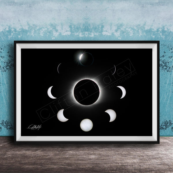 The image is a framed poster depicting the solar eclipse, showing the moon's phases around the sun.