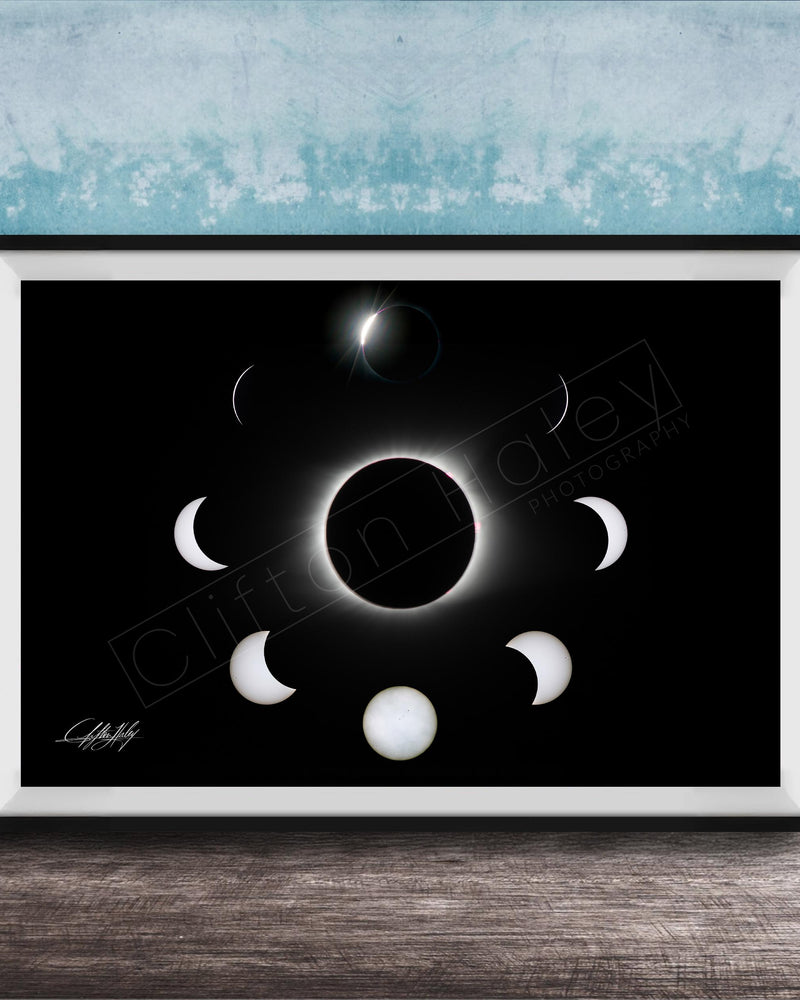 The image is a framed poster depicting the solar eclipse, showing the moon's phases around the sun.