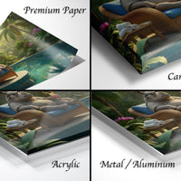 The image is a collage of four different images, each depicting a rhinoceros lounging on a chair in a tropical setting. The images are labeled as "Premium Paper", "Canvas Wrap", "Acrylic", and "Metal/Aluminum".