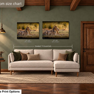 a living room with a large sofa, a wooden door, and a painting of a lion on the wall. The sofa is positioned in front of the painting, and the painting is hung above the sofa. The living room appears to be well-lit and decorated with various items, such as a lamp and a statue.