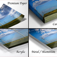 The image is a collage of four photos depicting wind turbines against a blue sky with clouds. The photos are labeled as "Premium Paper", "Canvas Wrap", "Acrylic", and "Metal/Aluminum".