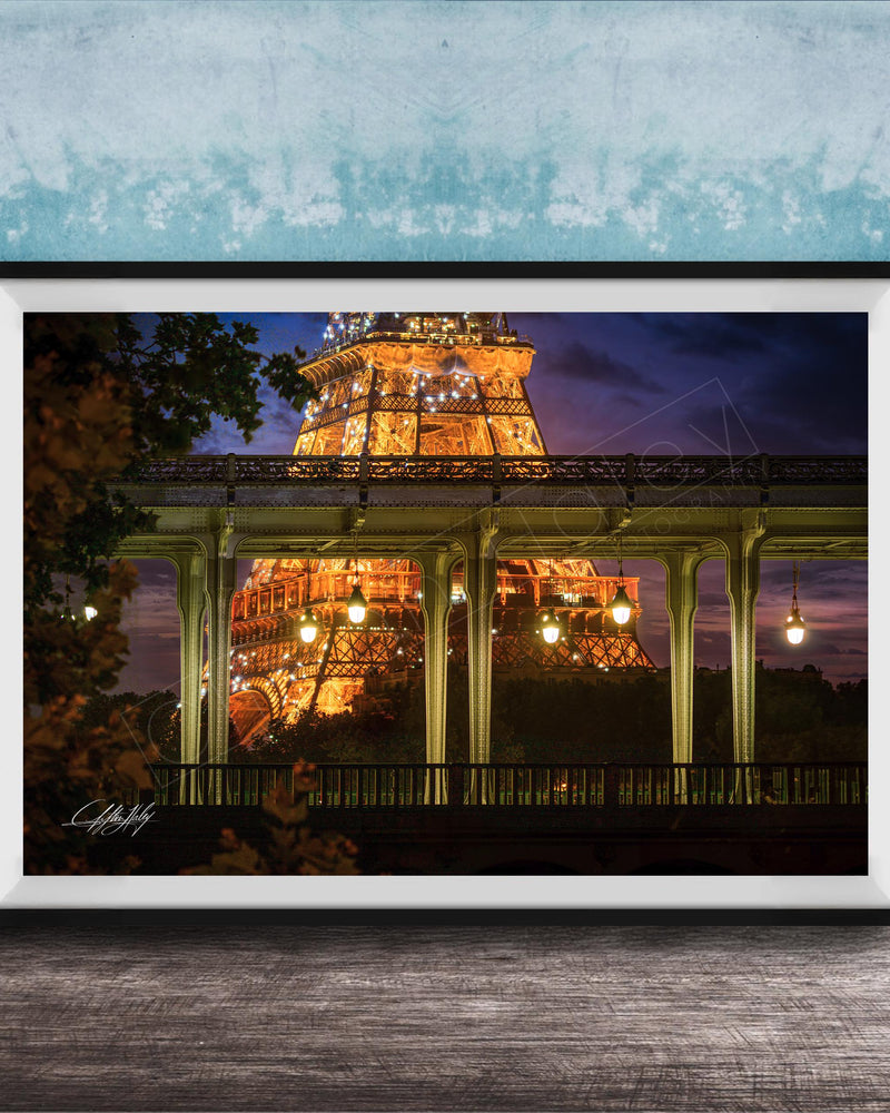 A framed photograph of the Eiffel Tower at night, with the tower illuminated and surrounded by trees and a bridge.