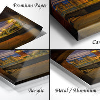 The image is a collage of four different views of a cityscape at night, with the city illuminated by lights. The collage includes three different perspectives of the city, each with a distinct angle and lighting. The collage is labeled as "Premium Paper", "Canvas Wrap", "Acrylic", and "Metal/Aluminum".