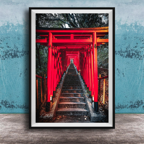A framed photograph depicting a long, narrow red torii gate leading down a set of stairs, surrounded by lush greenery.