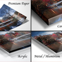 The image is a collage of four different images, each depicting a scenic landscape with a bridge and trees. The images are labeled as "Premium Paper", "Canvas Wrap", "Acrylic", and "Metal/Aluminum" to describe the materials used for the prints.