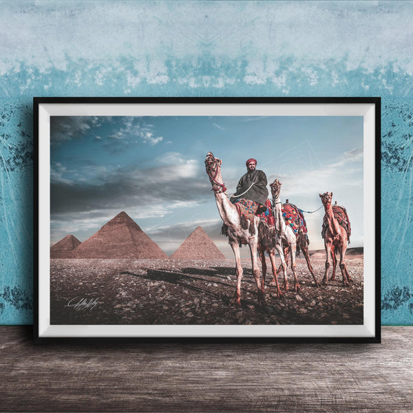A framed photograph depicting a camel caravan in front of the iconic pyramids of Giza in Egypt.