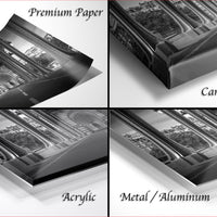 four different views of a black and white photograph of a building, with each view labeled as either "Premium Paper", "Canvas Wrap", "Acrylic", or "Metal/Aluminum".