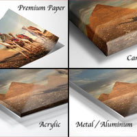 The image is a collage of four different views of a desert landscape with sand dunes and mountains, including a close-up of the sand dunes and a wider view of the landscape.