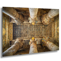the interior of an ancient Egyptian temple, showcasing the intricate and ornate architecture with numerous columns and a detailed ceiling.