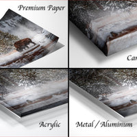 The image is a collage of four different views of a snowy landscape, with the text "Premium Paper", "Canvas Wrap", "Acrylic", and "Metal/Aluminum" indicating the materials used to print the images.