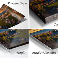 The image is a collage of four different views of a landscape, each with a different material or finish, including acrylic, metal, and aluminum.
