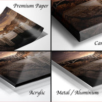 The image is a collage of four different views of a bridge, each with a different finish: "Premium Paper", "Canvas Wrap", "Acrylic", and "Metal/Aluminum".