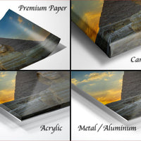 The image is a collage of four photographs depicting the pyramids of Giza, Egypt, with a focus on the Great Pyramid of Giza. The photographs are labeled as "Premium Paper", "Canvas Wrap", "Acrylic", and "Metal/Aluminum".