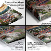 The image is a collage of four different printed materials, including a premium photo paper, a loose paper print, a gallery-wrapped canvas, and an acrylic print. Each material has its own unique characteristics and uses, such as the premium photo paper for high-quality prints, the loose paper print for a more casual, handmade look, the gallery-wrapped canvas for a professional and polished appearance, and the acrylic print for a more affordable and accessible option.