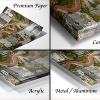 The image is a collage of four different views of a city street, each with a distinct perspective and style. The first view is a top-down aerial perspective, the second view is a close-up of the street, the third view is a close-up of the street, and the fourth view is a close-up of the street. The images are labeled as "Premium Paper", "Canvas Wrap", "Acrylic", and "Metal/Aluminum".