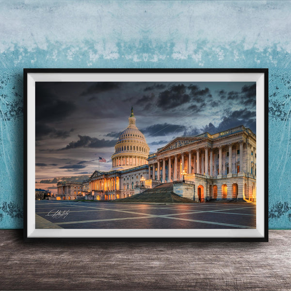the United States Capitol building in Washington D.C., with its iconic dome and columns illuminated against a dramatic sky.