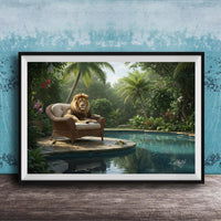 A framed image depicting a lion sitting in a chair on a wooden platform, overlooking a tranquil pool surrounded by lush greenery and palm trees.