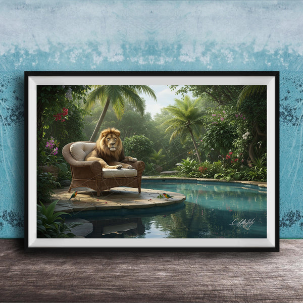 A framed image depicting a lion sitting in a chair on a wooden platform, overlooking a tranquil pool surrounded by lush greenery and palm trees.