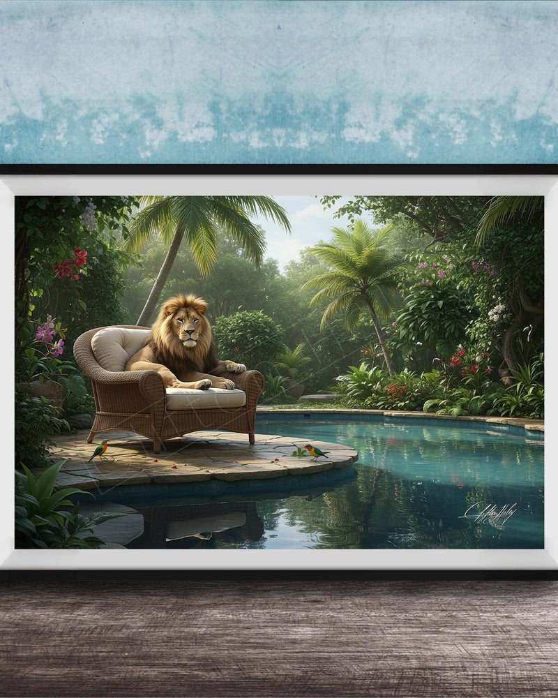 A framed image depicting a lion sitting in a chair on a wooden platform, overlooking a tranquil pool surrounded by lush greenery and palm trees.