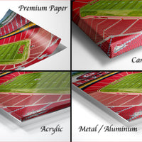 The image is a collage of four different views of a football stadium, each showing a different perspective of the field and seating areas.
