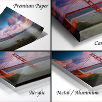 The image is a collage of four different views of the Golden Gate Bridge, with each view presented in a different medium: premium paper, canvas wrap, acrylic, and metal/aluminum.