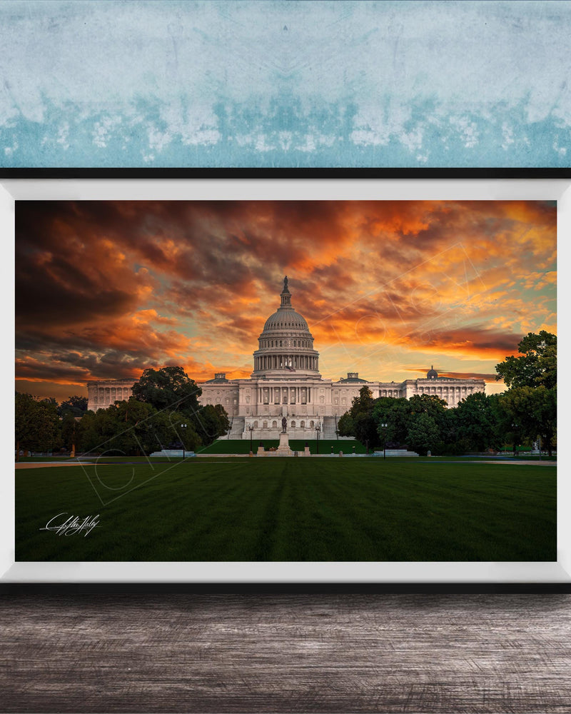 the United States Capitol building in Washington D.C. at sunset, with the Capitol's dome and surrounding architecture silhouetted against a vibrant sky filled with orange and red clouds.